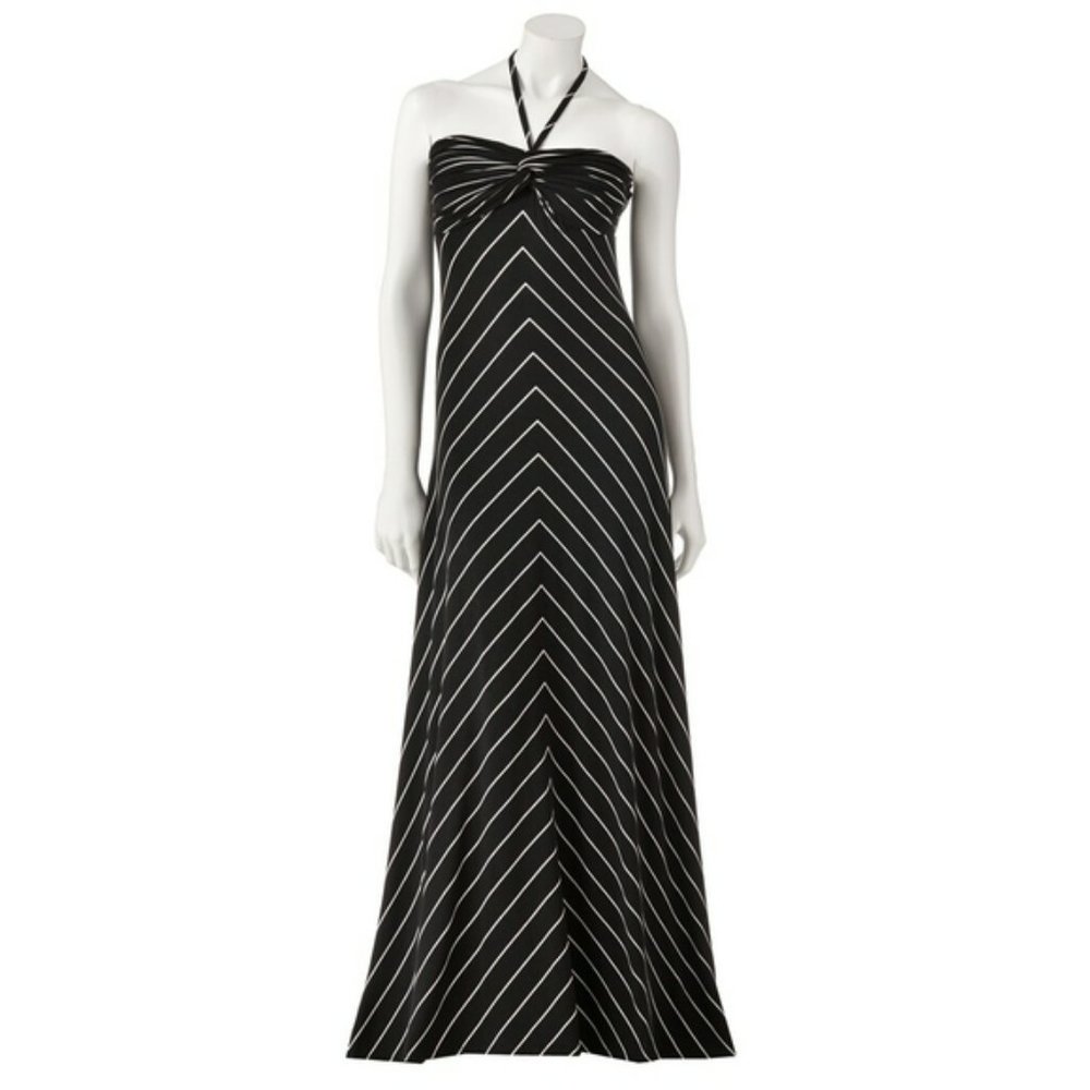 JenniferLopez striped BEACHY Navy/White Halter Maxi stretchy flattering size M